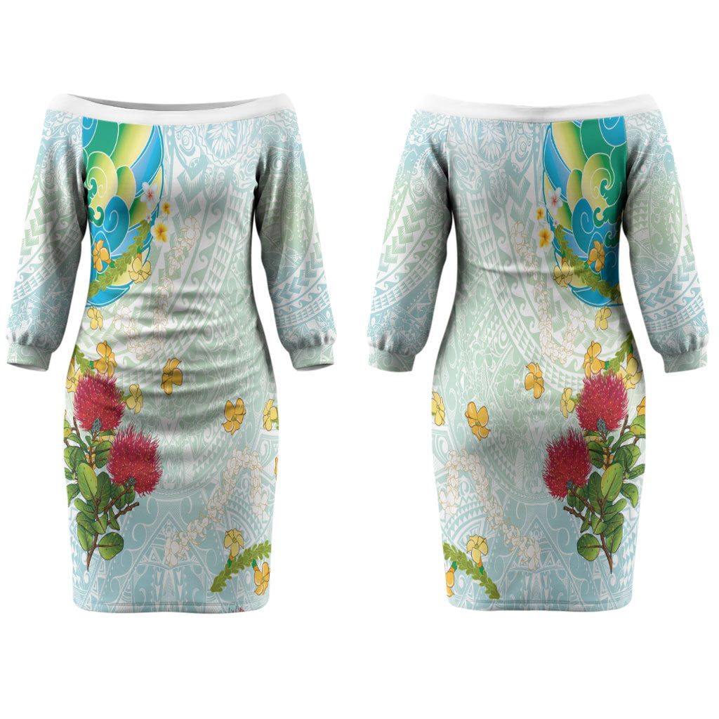 Japanese and Hawaiian Culture Fusion Family Matching Off The Shoulder Long Sleeve Dress and Hawaiian Shirt Irezumi with Turtles and Lei Kakau Pattern Fresh Vibe LT03 Mom's Dress Multicolor - Polynesian Pride