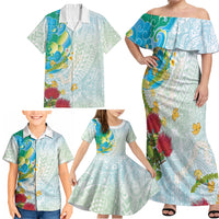 Japanese and Hawaiian Culture Fusion Family Matching Off Shoulder Maxi Dress and Hawaiian Shirt Irezumi with Turtles and Lei Kakau Pattern Fresh Vibe LT03 - Polynesian Pride