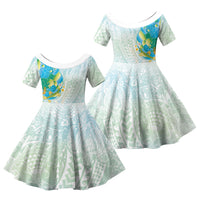 Japanese and Hawaiian Culture Fusion Family Matching Off Shoulder Maxi Dress and Hawaiian Shirt Irezumi with Turtles and Lei Kakau Pattern Fresh Vibe LT03 Daughter's Dress Multicolor - Polynesian Pride