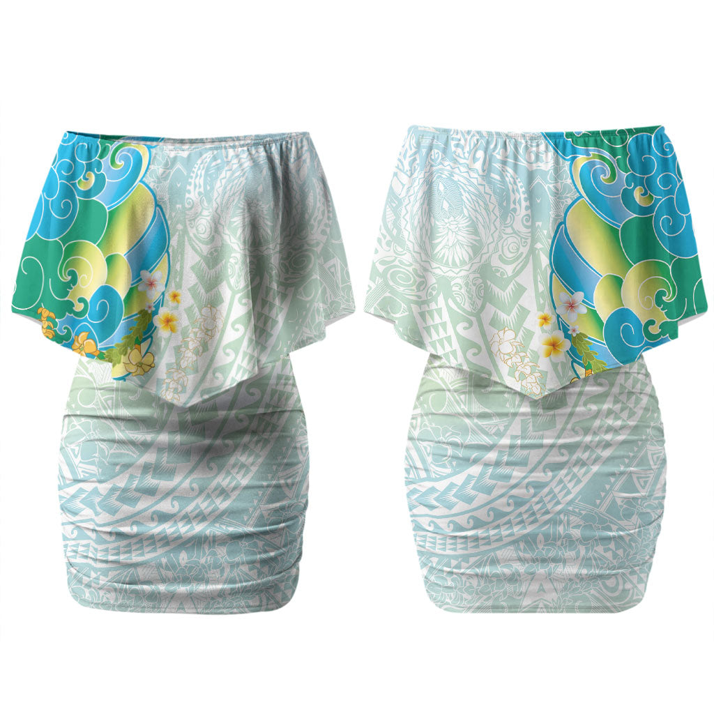 Japanese and Hawaiian Culture Fusion Family Matching Off Shoulder Short Dress and Hawaiian Shirt Irezumi with Turtles and Lei Kakau Pattern Fresh Vibe LT03 Mom's Dress Multicolor - Polynesian Pride