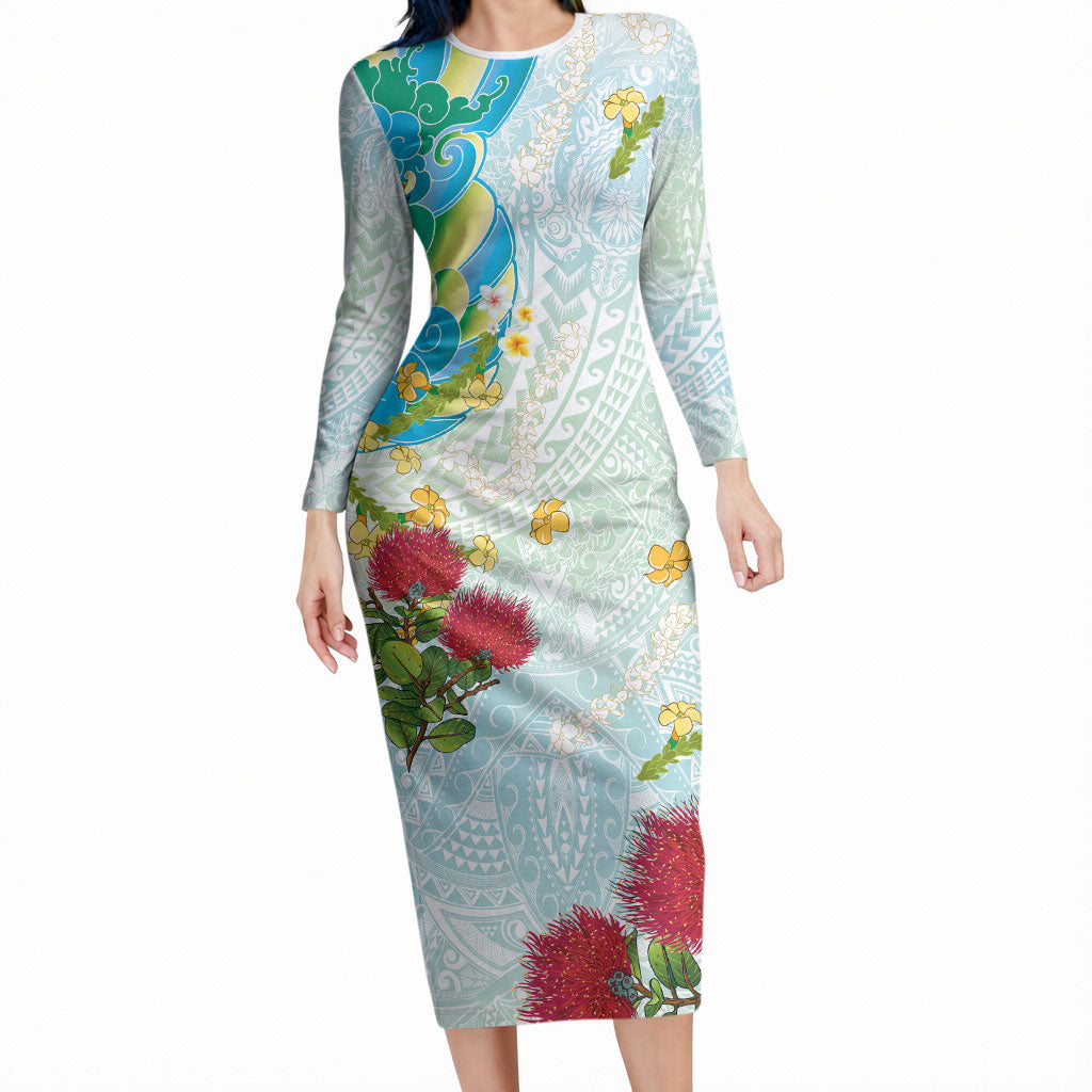Japanese and Hawaiian Culture Fusion Long Sleeve Bodycon Dress Irezumi with Turtles and Lei Kakau Pattern Fresh Vibe LT03 Long Dress Multicolor - Polynesian Pride