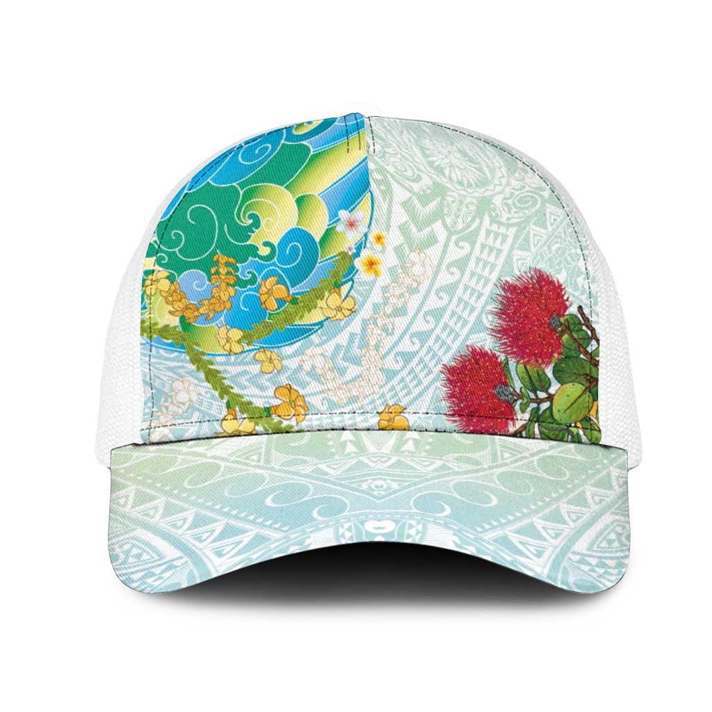 Japanese and Hawaiian Culture Fusion Mesh Trucker Cap Irezumi with Turtles and Lei Kakau Pattern Fresh Vibe