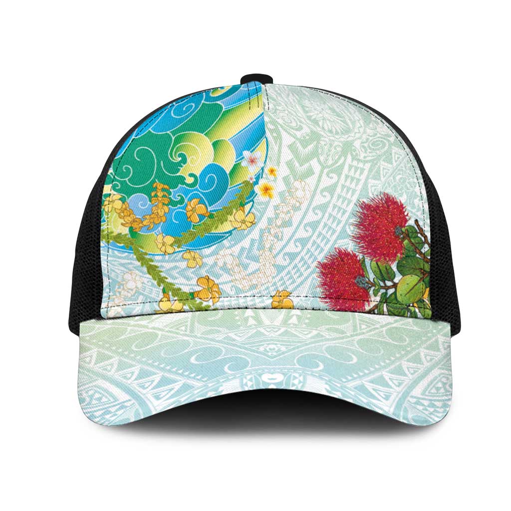 Japanese and Hawaiian Culture Fusion Mesh Trucker Cap Irezumi with Turtles and Lei Kakau Pattern Fresh Vibe LT03 One Size Black Multicolor - Polynesian Pride