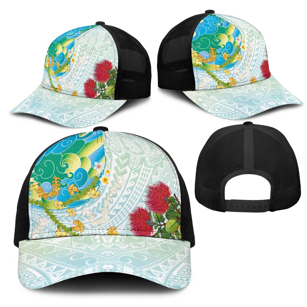 Japanese and Hawaiian Culture Fusion Mesh Trucker Cap Irezumi with Turtles and Lei Kakau Pattern Fresh Vibe LT03 - Polynesian Pride