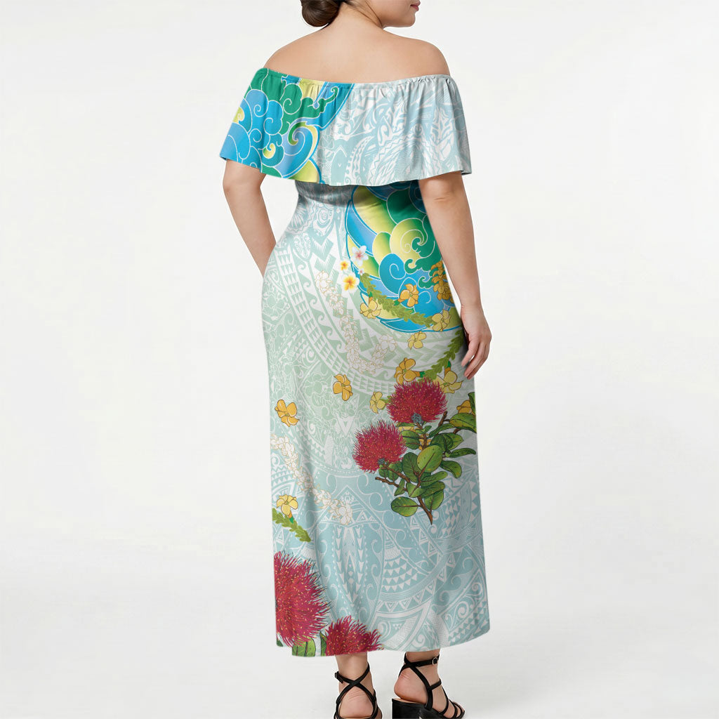 Japanese and Hawaiian Culture Fusion Off Shoulder Maxi Dress Irezumi with Turtles and Lei Kakau Pattern Fresh Vibe LT03 - Polynesian Pride