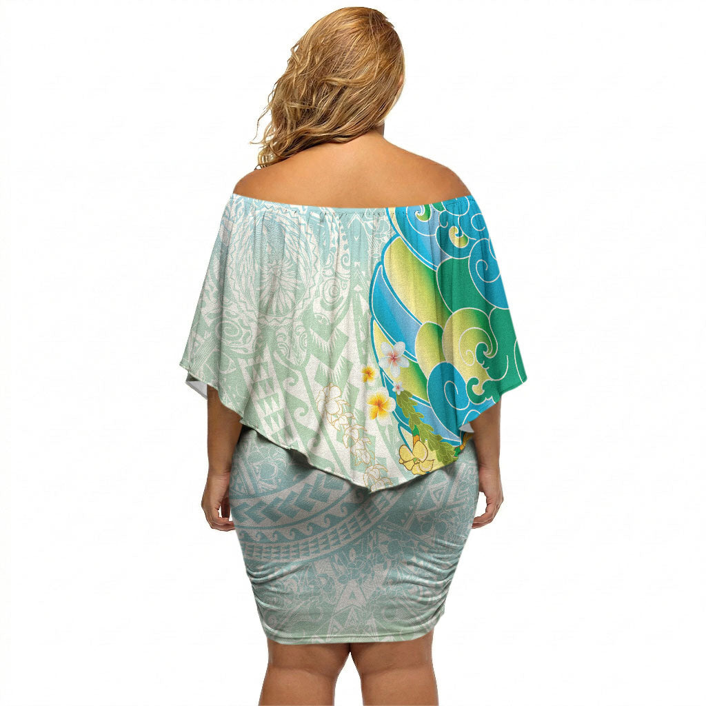 Japanese and Hawaiian Culture Fusion Off Shoulder Short Dress Irezumi with Turtles and Lei Kakau Pattern Fresh Vibe LT03 - Polynesian Pride