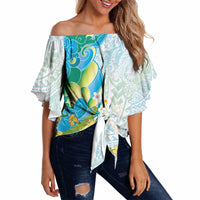 Japanese and Hawaiian Culture Fusion Off Shoulder Wrap Waist Top Irezumi with Turtles and Lei Kakau Pattern Fresh Vibe LT03 Multicolor - Polynesian Pride