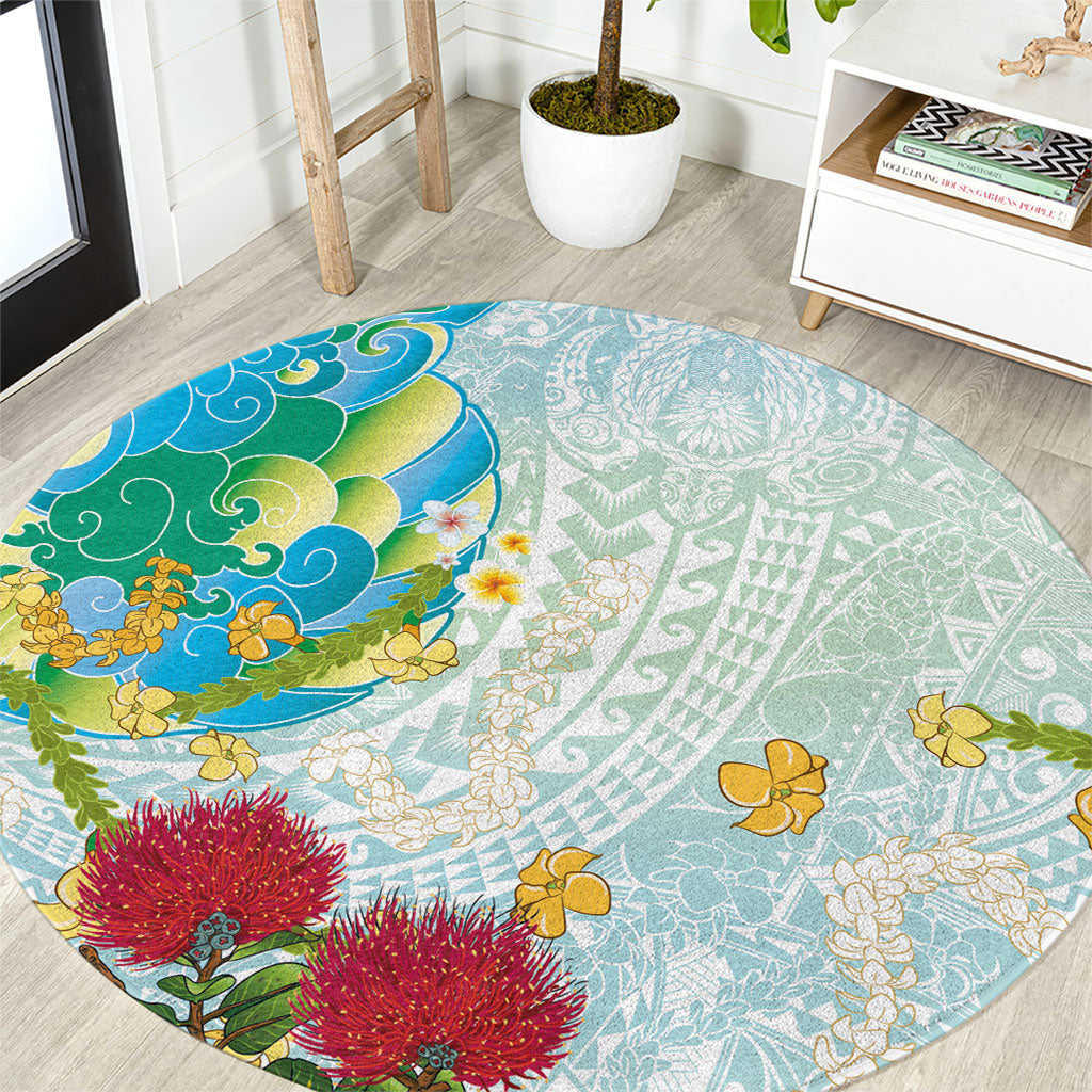 Japanese and Hawaiian Culture Fusion Round Carpet Irezumi with Turtles and Lei Kakau Pattern Fresh Vibe
