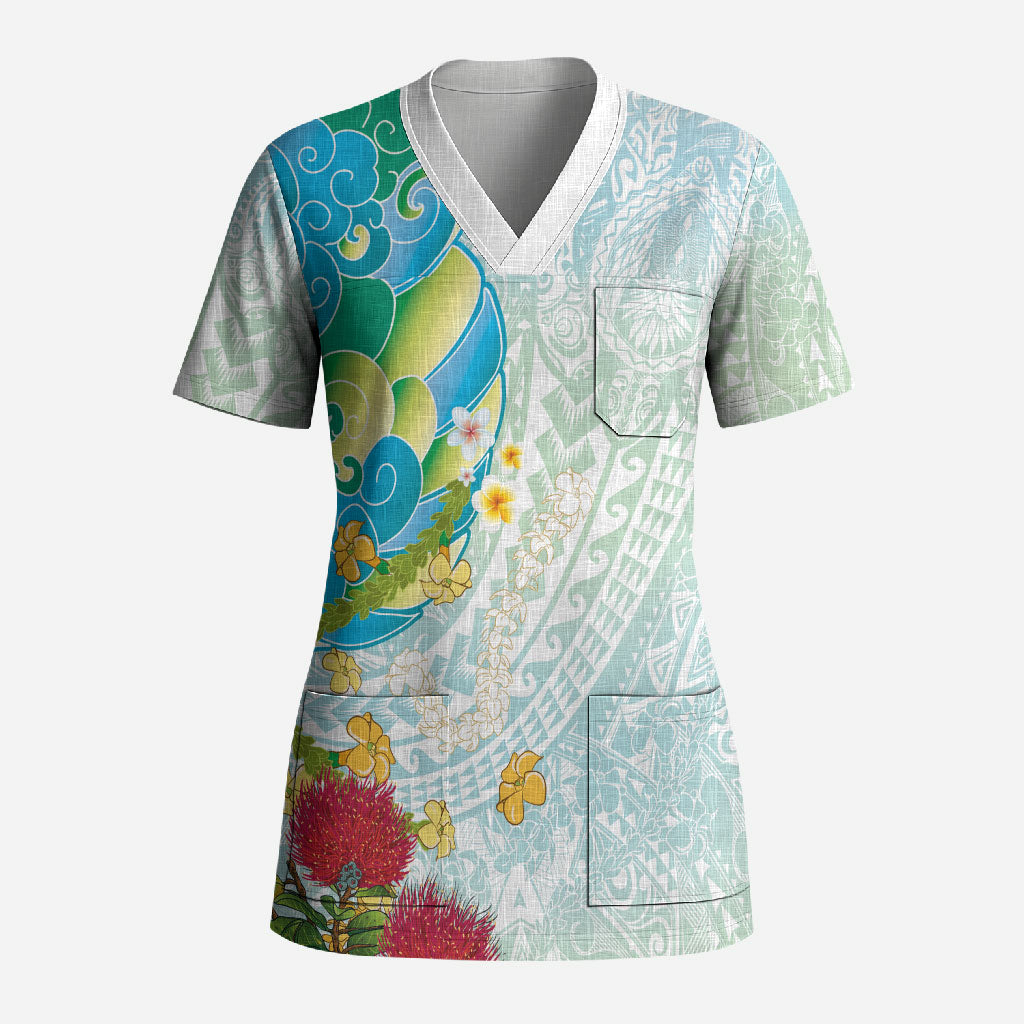 Japanese and Hawaiian Culture Fusion Scrub Top Irezumi with Turtles and Lei Kakau Pattern Fresh Vibe LT03 Adult Multicolor - Polynesian Pride