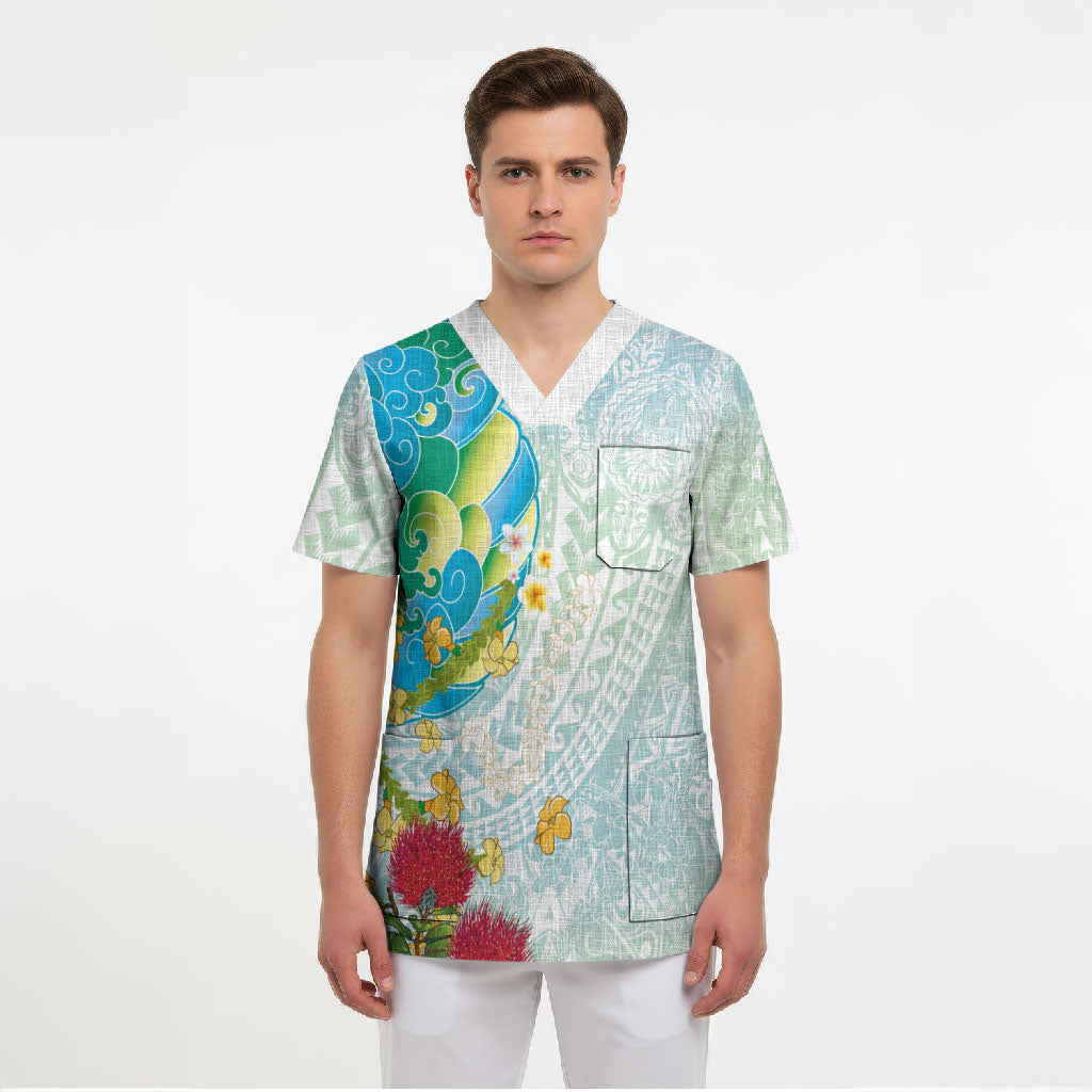 Japanese and Hawaiian Culture Fusion Scrub Top Irezumi with Turtles and Lei Kakau Pattern Fresh Vibe LT03 - Polynesian Pride