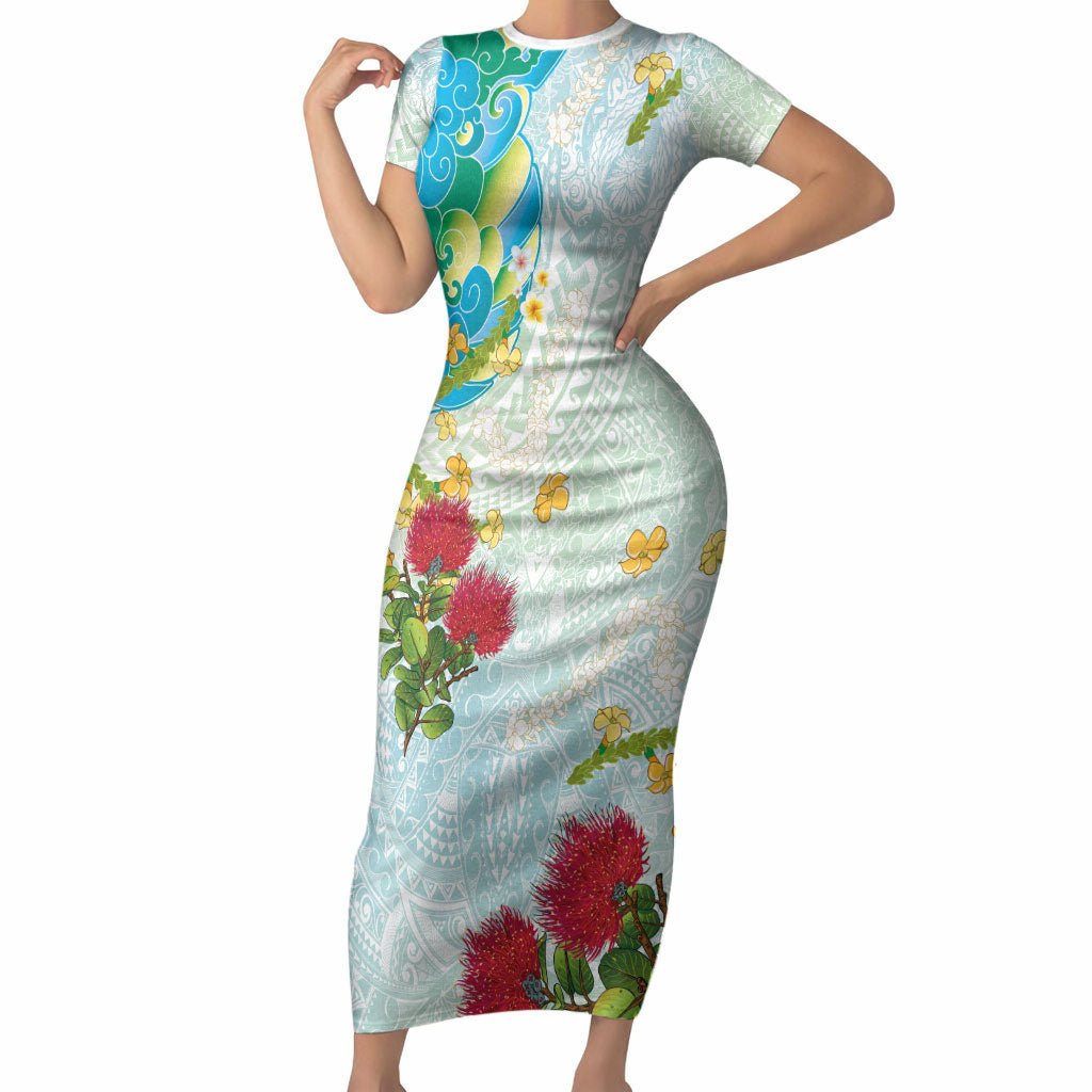 Japanese and Hawaiian Culture Fusion Short Sleeve Bodycon Dress Irezumi with Turtles and Lei Kakau Pattern Fresh Vibe