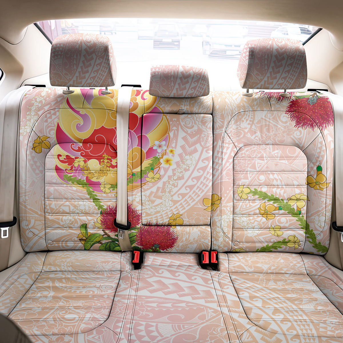 Japanese and Hawaiian Culture Fusion Back Car Seat Cover Irezumi with Turtles and Lei Kakau Pattern Sunset Vibe LT03 - Polynesian Pride