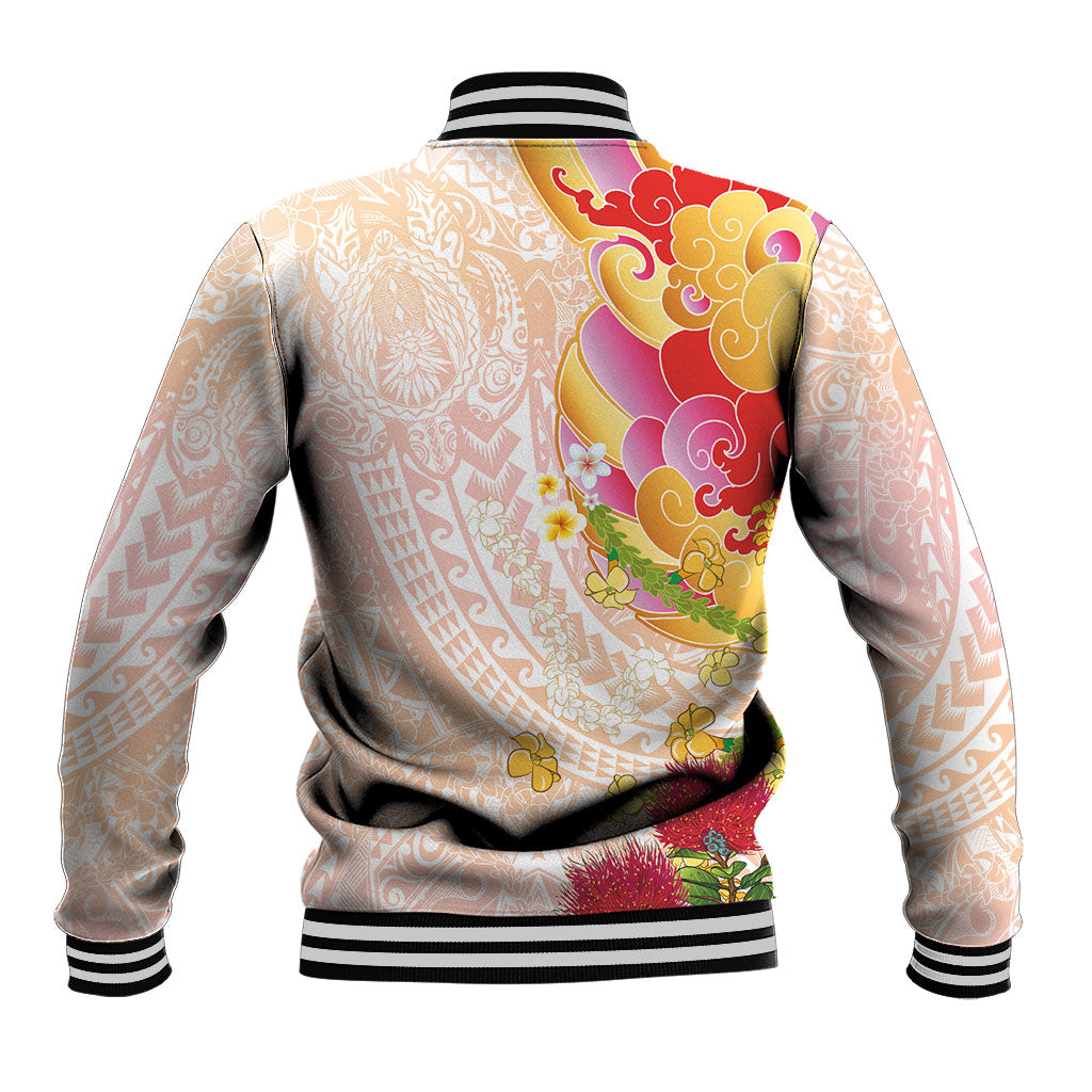 Japanese and Hawaiian Culture Fusion Baseball Jacket Irezumi with Turtles and Lei Kakau Pattern Sunset Vibe LT03 - Polynesian Pride
