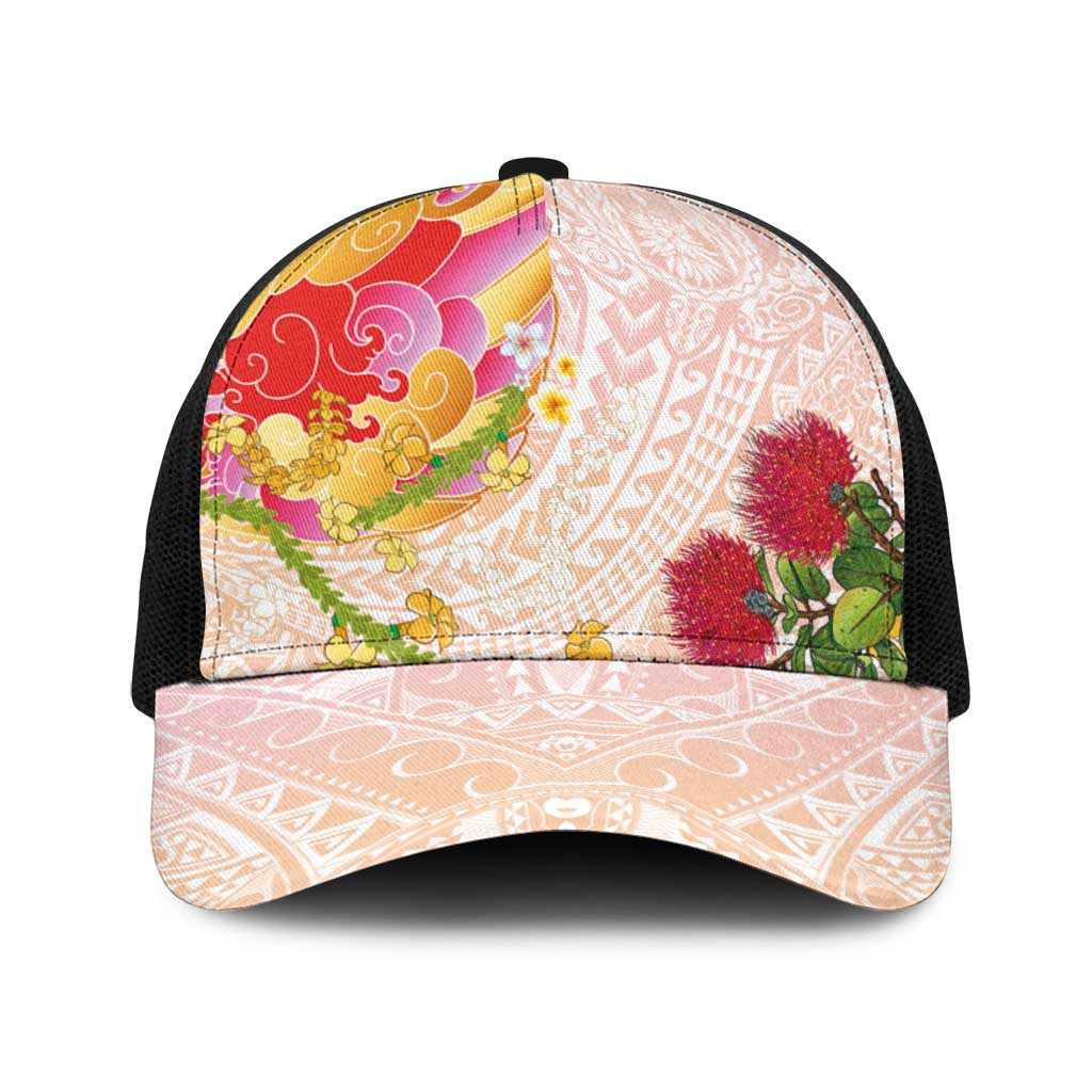 Japanese and Hawaiian Culture Fusion Baseball Net Cap Irezumi with Turtles and Lei Kakau Pattern Sunset Vibe LT03 One Size Black Multicolor - Polynesian Pride