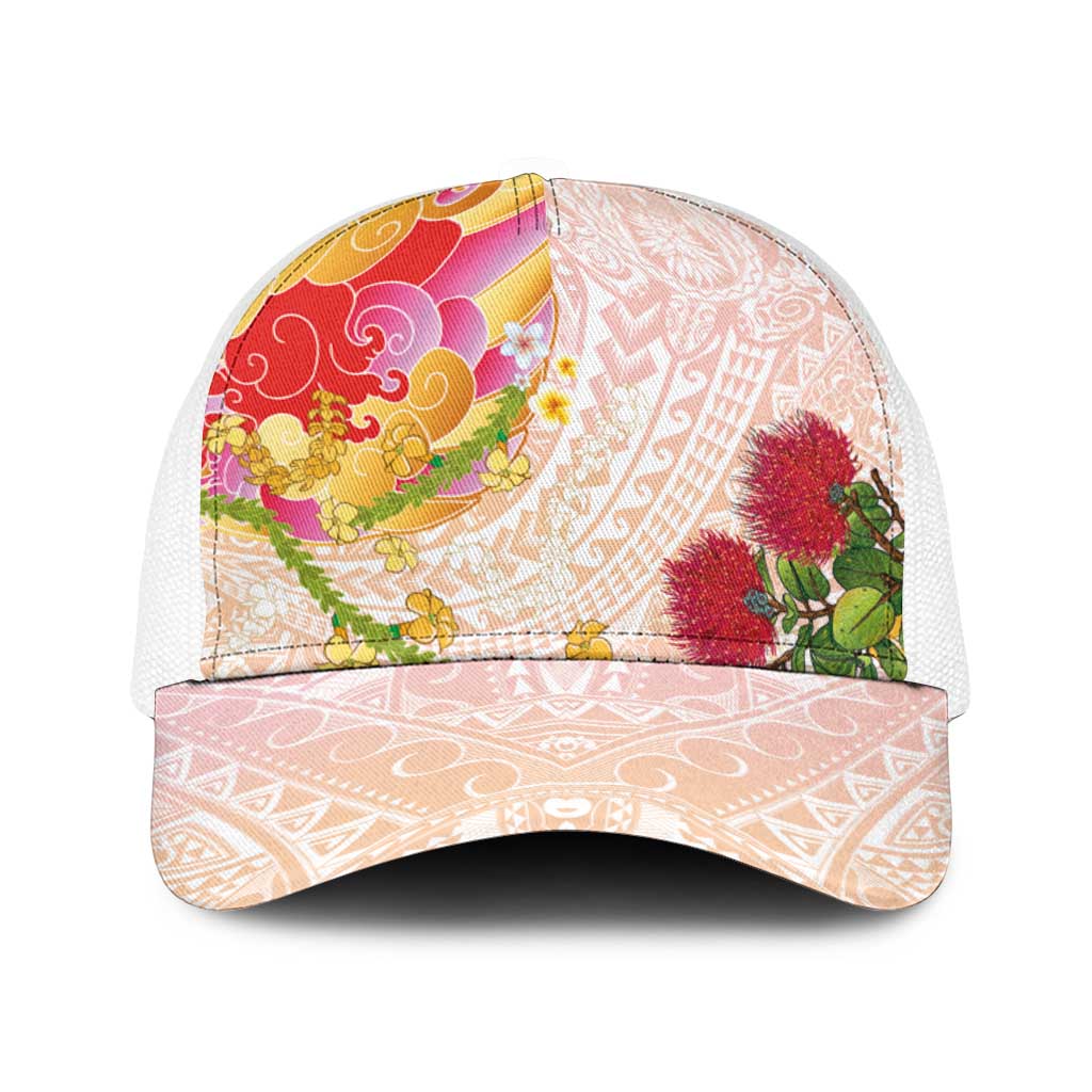 Japanese and Hawaiian Culture Fusion Baseball Net Cap Irezumi with Turtles and Lei Kakau Pattern Sunset Vibe LT03 One Size White Multicolor - Polynesian Pride