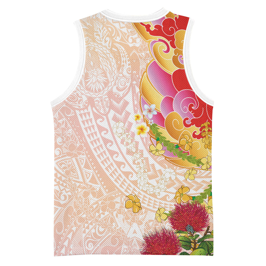Japanese and Hawaiian Culture Fusion Basketball Jersey Irezumi with Turtles and Lei Kakau Pattern Sunset Vibe LT03 - Polynesian Pride