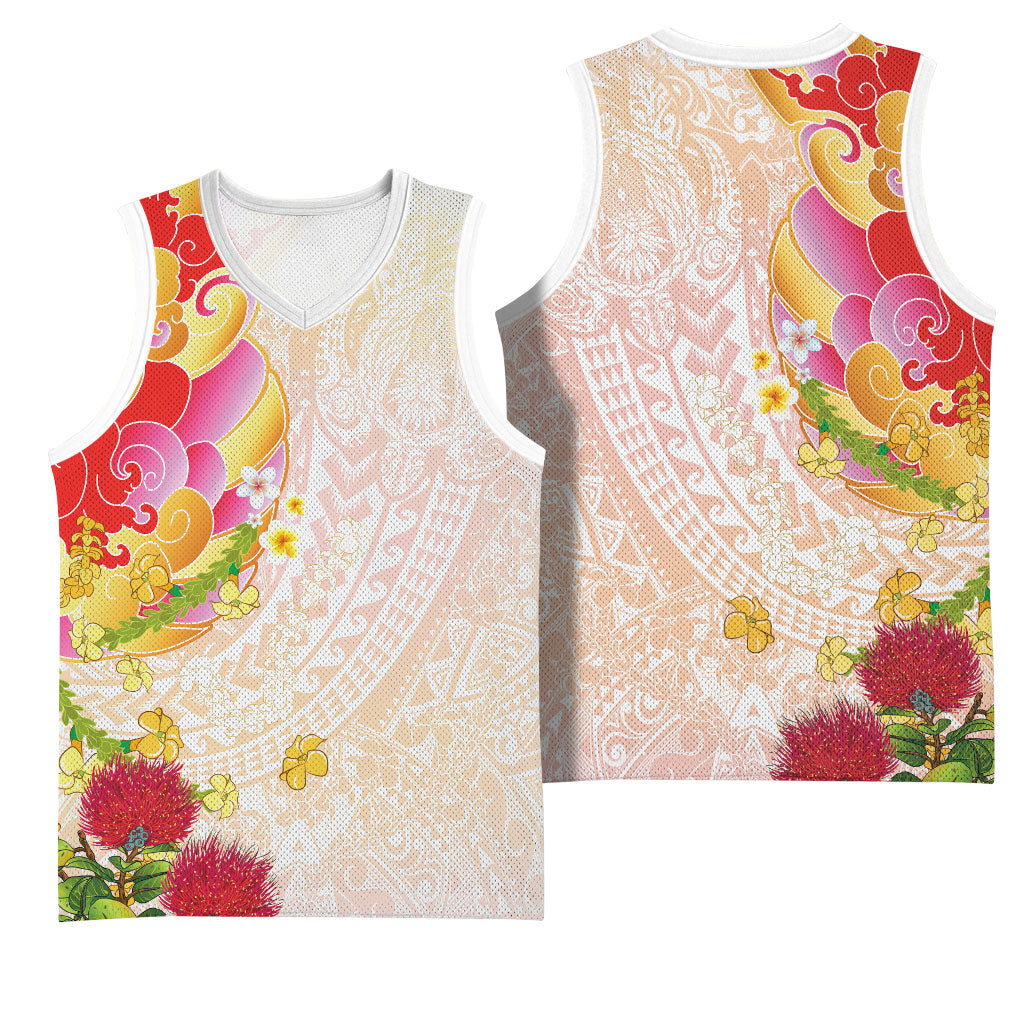 Japanese and Hawaiian Culture Fusion Basketball Jersey Irezumi with Turtles and Lei Kakau Pattern Sunset Vibe LT03 - Polynesian Pride