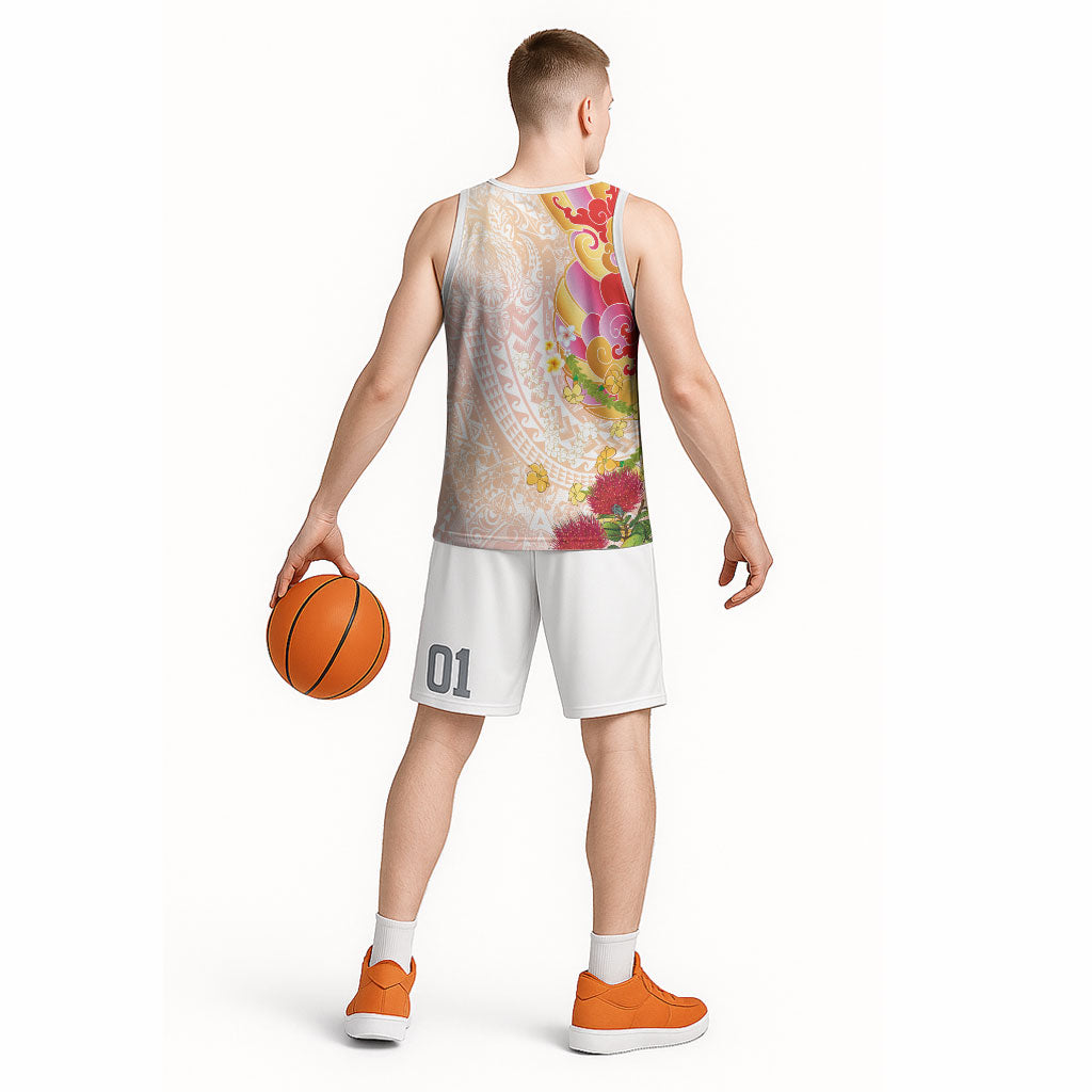 Japanese and Hawaiian Culture Fusion Basketball Jersey Irezumi with Turtles and Lei Kakau Pattern Sunset Vibe LT03 - Polynesian Pride
