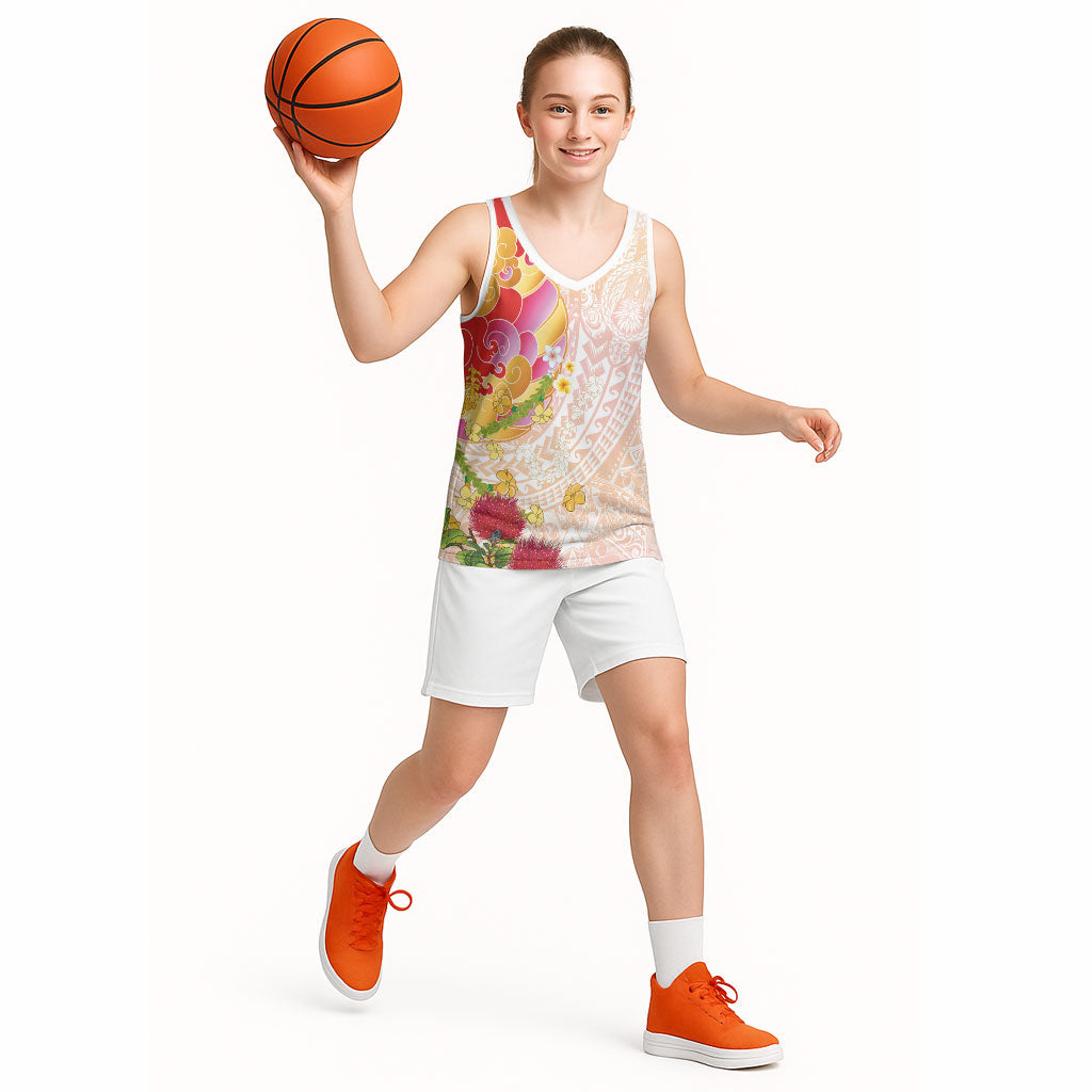 Japanese and Hawaiian Culture Fusion Basketball Jersey Irezumi with Turtles and Lei Kakau Pattern Sunset Vibe LT03 - Polynesian Pride