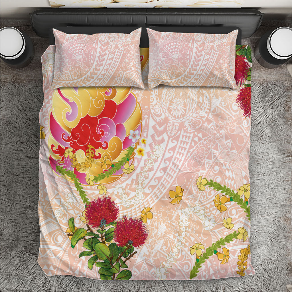 Japanese and Hawaiian Culture Fusion Bedding Set Irezumi with Turtles and Lei Kakau Pattern Sunset Vibe