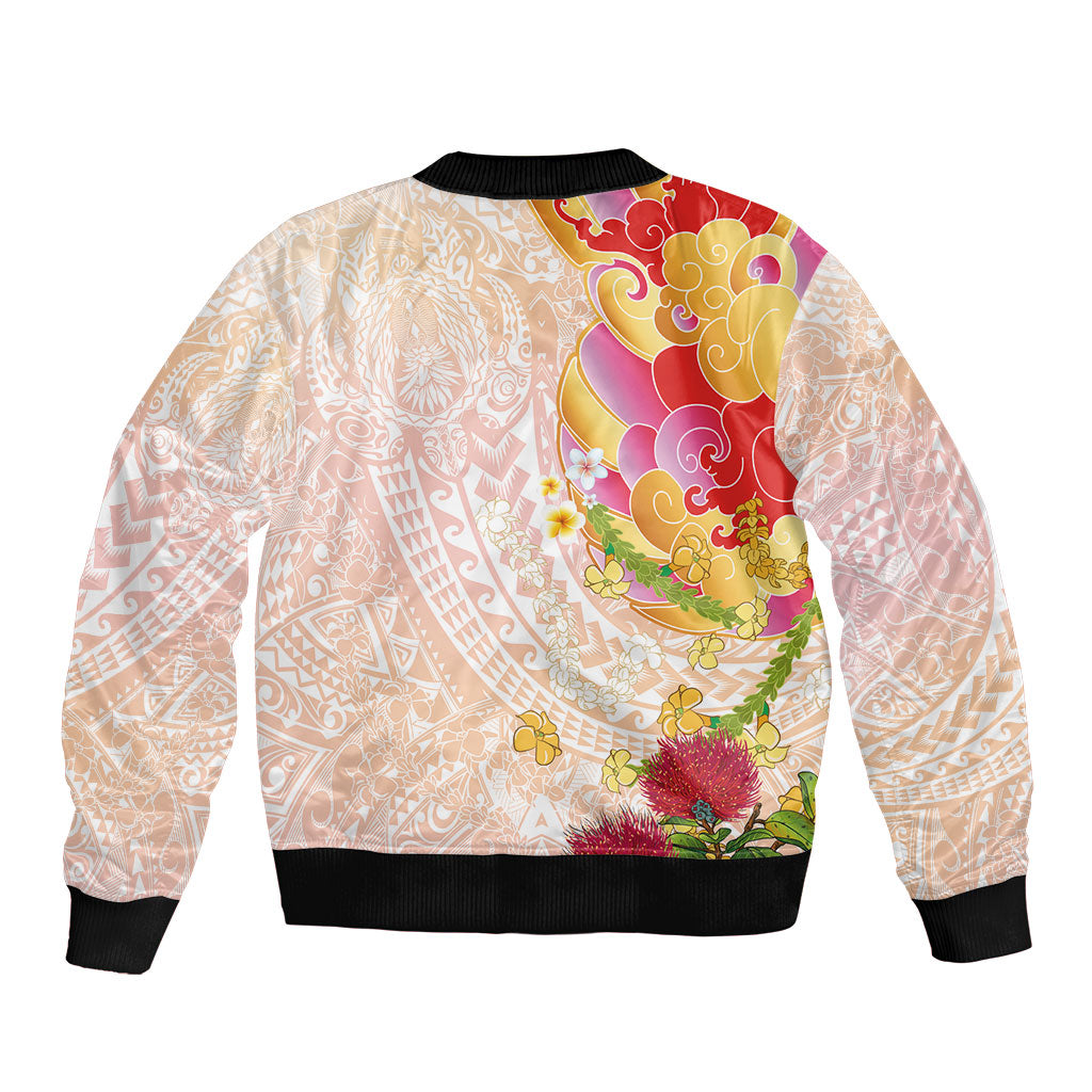 Japanese and Hawaiian Culture Fusion Bomber Jacket Irezumi with Turtles and Lei Kakau Pattern Sunset Vibe LT03 - Polynesian Pride