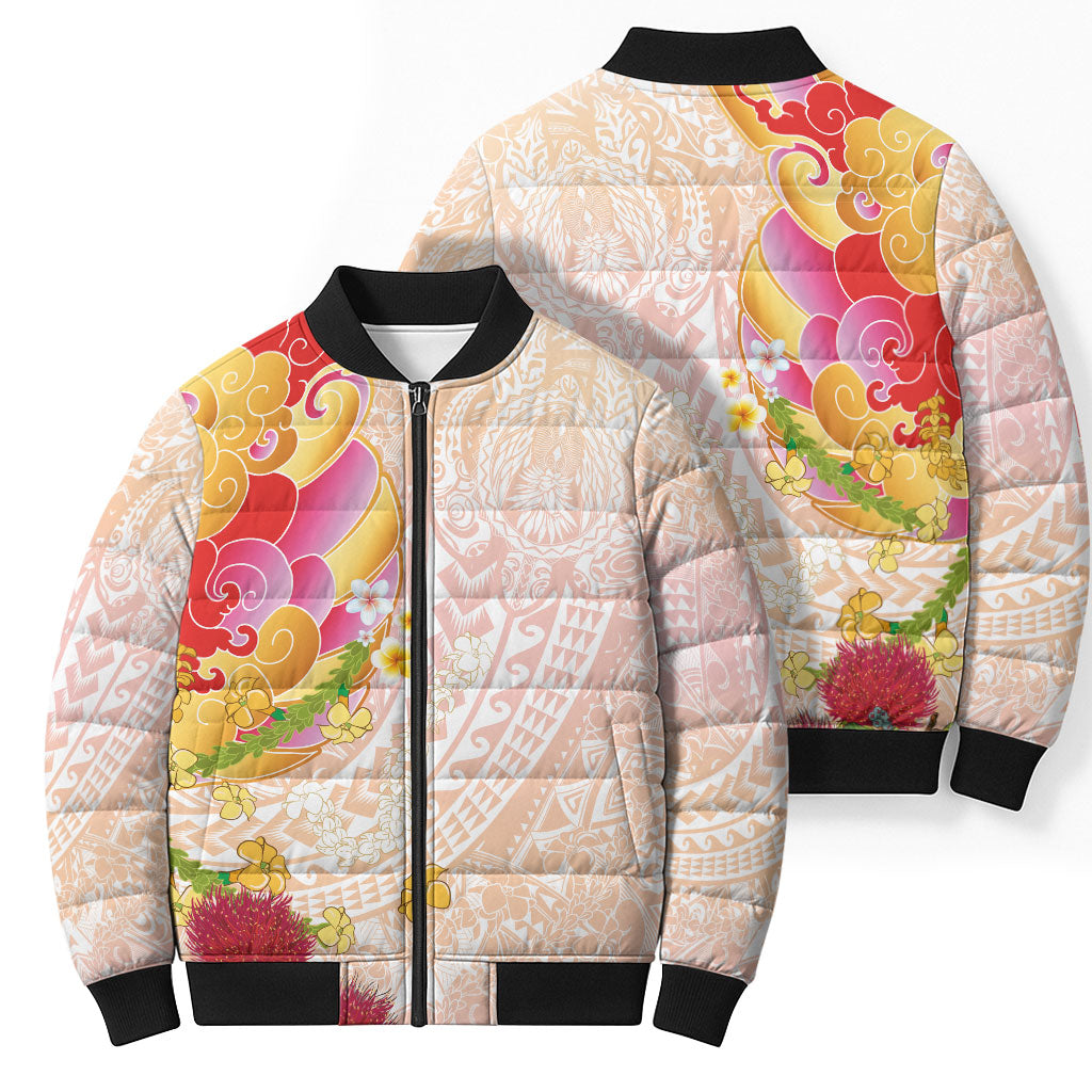 Japanese and Hawaiian Culture Fusion Bomber Puffer Jacket Irezumi with Turtles and Lei Kakau Pattern Sunset Vibe LT03 - Polynesian Pride