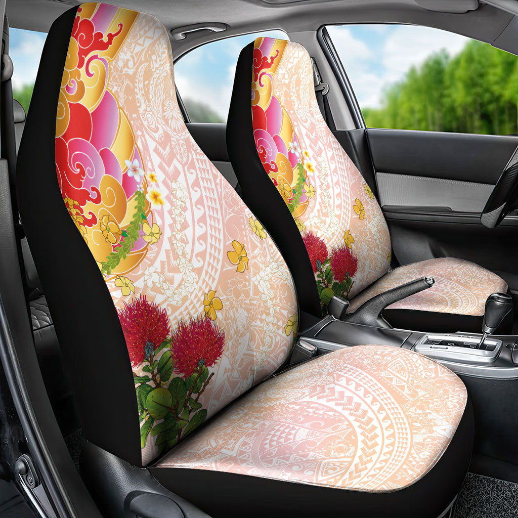 Japanese and Hawaiian Culture Fusion Car Seat Cover Irezumi with Turtles and Lei Kakau Pattern Sunset Vibe LT03 - Polynesian Pride