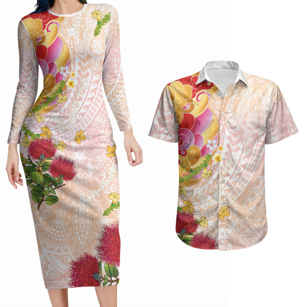 Japanese and Hawaiian Culture Fusion Couples Matching Long Sleeve Bodycon Dress and Hawaiian Shirt Irezumi with Turtles and Lei Kakau Pattern Sunset Vibe