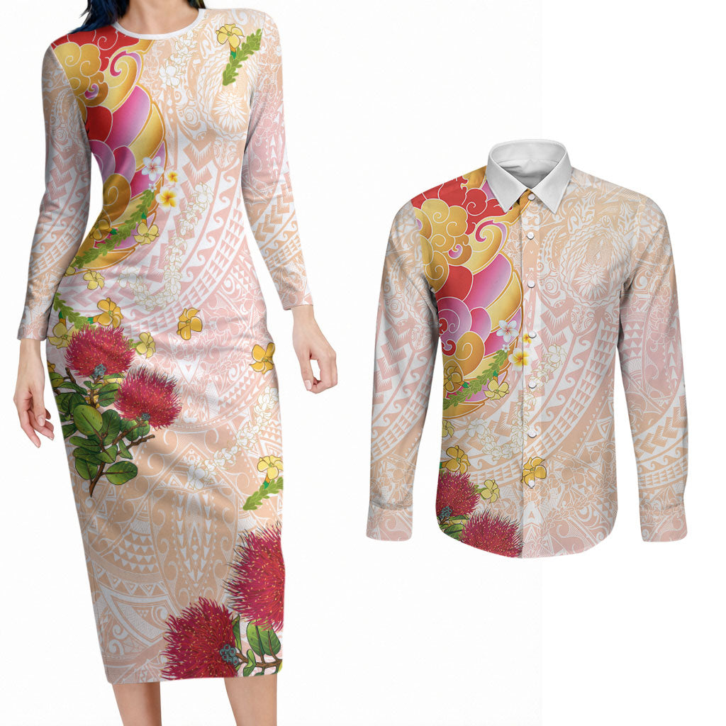 Japanese and Hawaiian Culture Fusion Couples Matching Long Sleeve Bodycon Dress and Long Sleeve Button Shirt Irezumi with Turtles and Lei Kakau Pattern Sunset Vibe