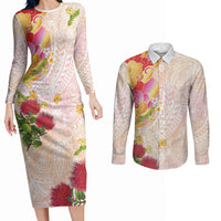 Japanese and Hawaiian Culture Fusion Couples Matching Long Sleeve Bodycon Dress and Long Sleeve Button Shirt Irezumi with Turtles and Lei Kakau Pattern Sunset Vibe LT03 Multicolor - Polynesian Pride