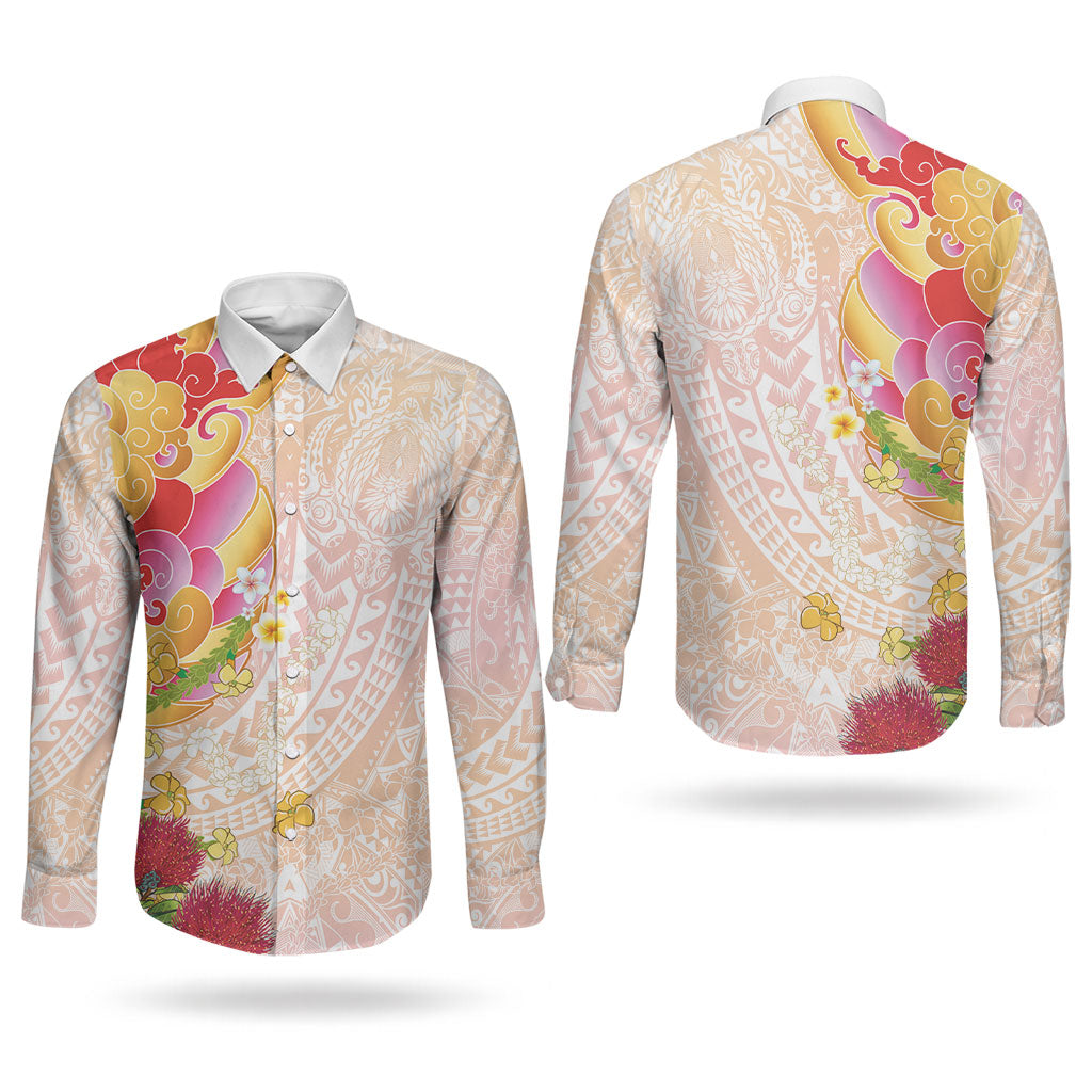 Japanese and Hawaiian Culture Fusion Couples Matching Long Sleeve Bodycon Dress and Long Sleeve Button Shirt Irezumi with Turtles and Lei Kakau Pattern Sunset Vibe LT03 - Polynesian Pride