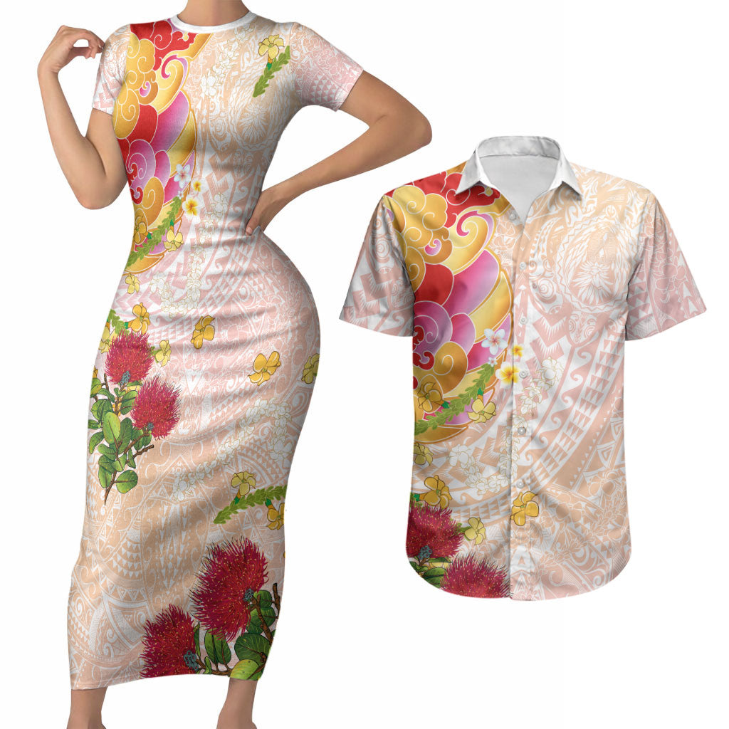 Japanese and Hawaiian Culture Fusion Couples Matching Short Sleeve Bodycon Dress and Hawaiian Shirt Irezumi with Turtles and Lei Kakau Pattern Sunset Vibe
