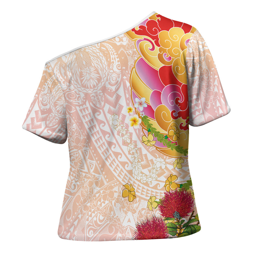 Japanese and Hawaiian Culture Fusion Cross Shoulder Shirt Irezumi with Turtles and Lei Kakau Pattern Sunset Vibe LT03 - Polynesian Pride