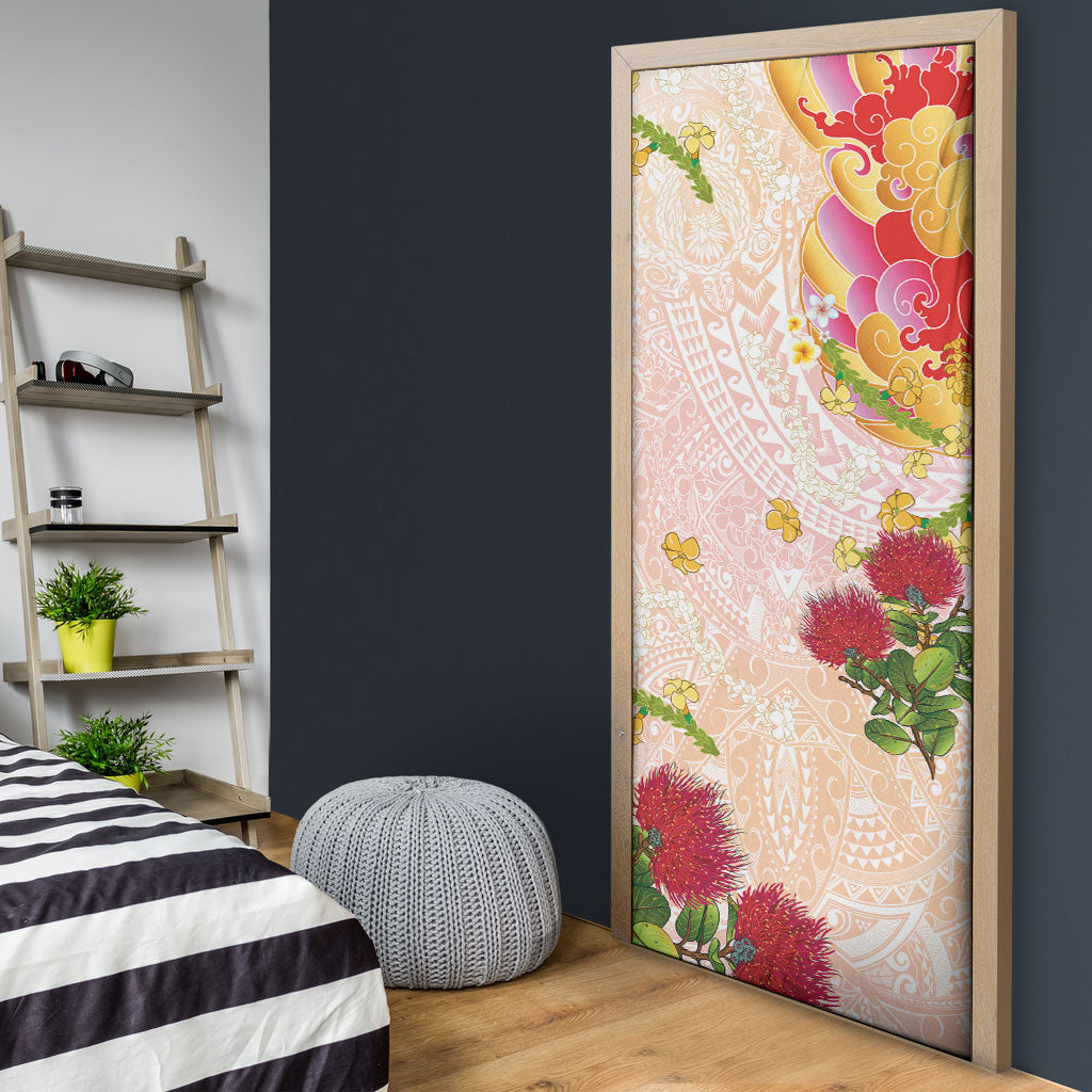 Japanese and Hawaiian Culture Fusion Door Cover Irezumi with Turtles and Lei Kakau Pattern Sunset Vibe LT03 - Polynesian Pride