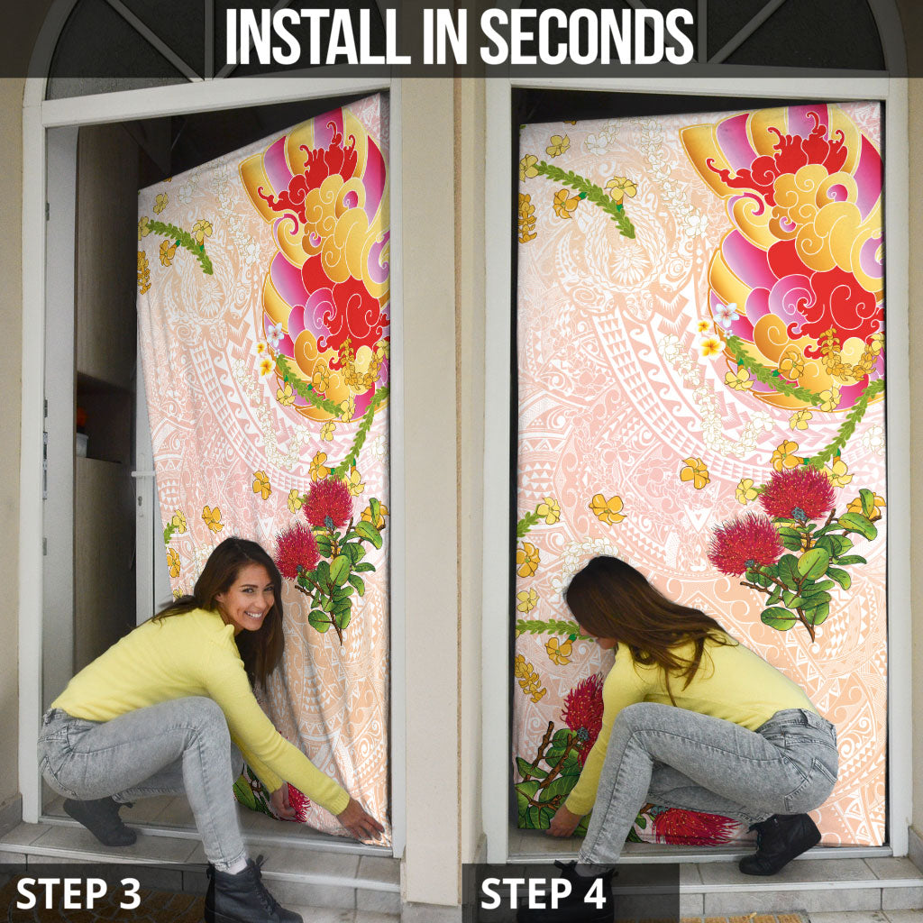 Japanese and Hawaiian Culture Fusion Door Cover Irezumi with Turtles and Lei Kakau Pattern Sunset Vibe LT03 - Polynesian Pride