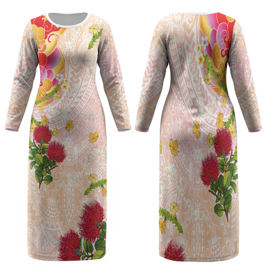 Japanese and Hawaiian Culture Fusion Family Matching Long Sleeve Bodycon Dress and Hawaiian Shirt Irezumi with Turtles and Lei Kakau Pattern Sunset Vibe LT03 Mom's Dress Multicolor - Polynesian Pride