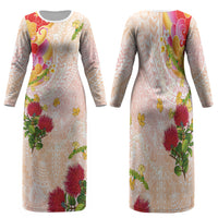Japanese and Hawaiian Culture Fusion Family Matching Long Sleeve Bodycon Dress and Hawaiian Shirt Irezumi with Turtles and Lei Kakau Pattern Sunset Vibe LT03 Mom's Dress Multicolor - Polynesian Pride