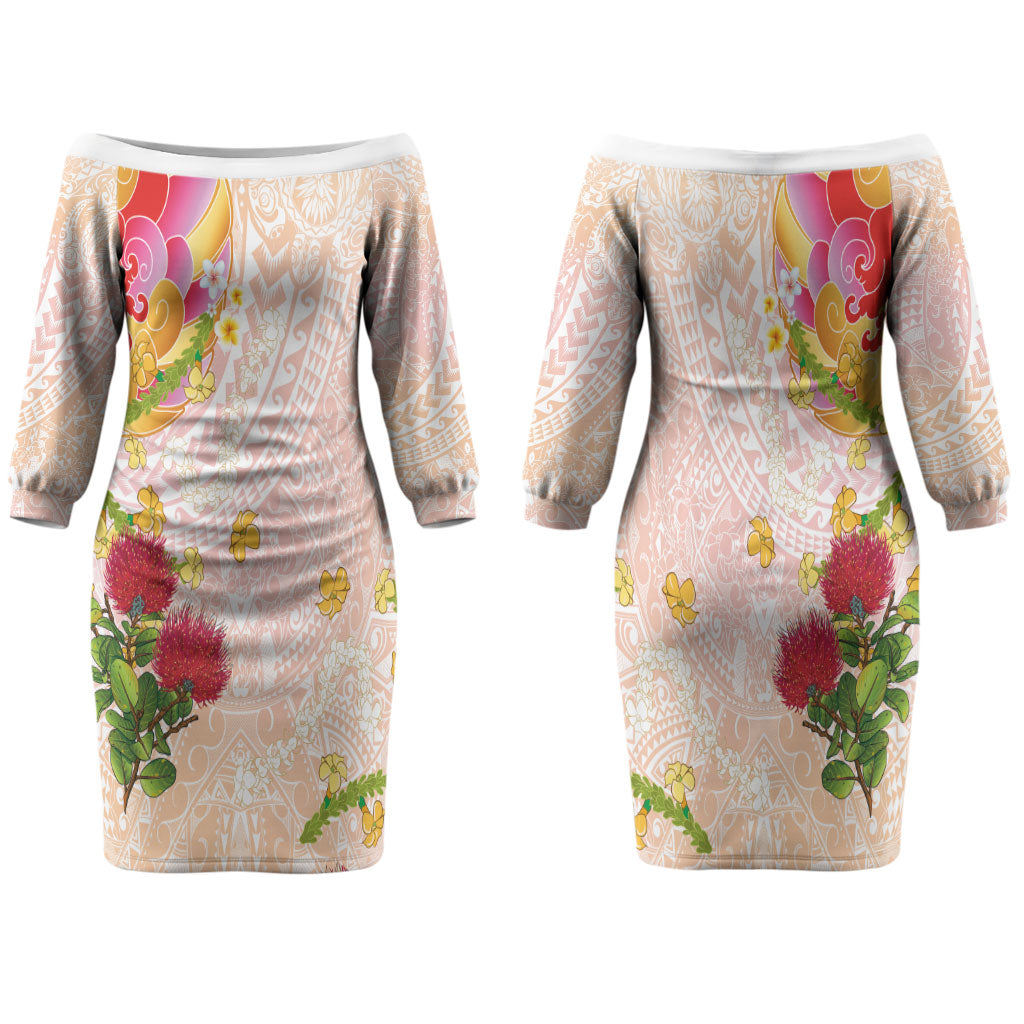 Japanese and Hawaiian Culture Fusion Family Matching Off The Shoulder Long Sleeve Dress and Hawaiian Shirt Irezumi with Turtles and Lei Kakau Pattern Sunset Vibe LT03 Mom's Dress Multicolor - Polynesian Pride