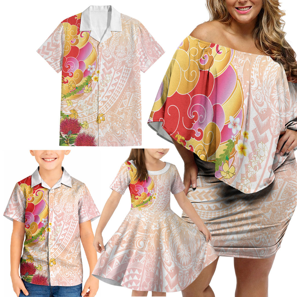 Japanese and Hawaiian Culture Fusion Family Matching Off Shoulder Short Dress and Hawaiian Shirt Irezumi with Turtles and Lei Kakau Pattern Sunset Vibe LT03 - Polynesian Pride
