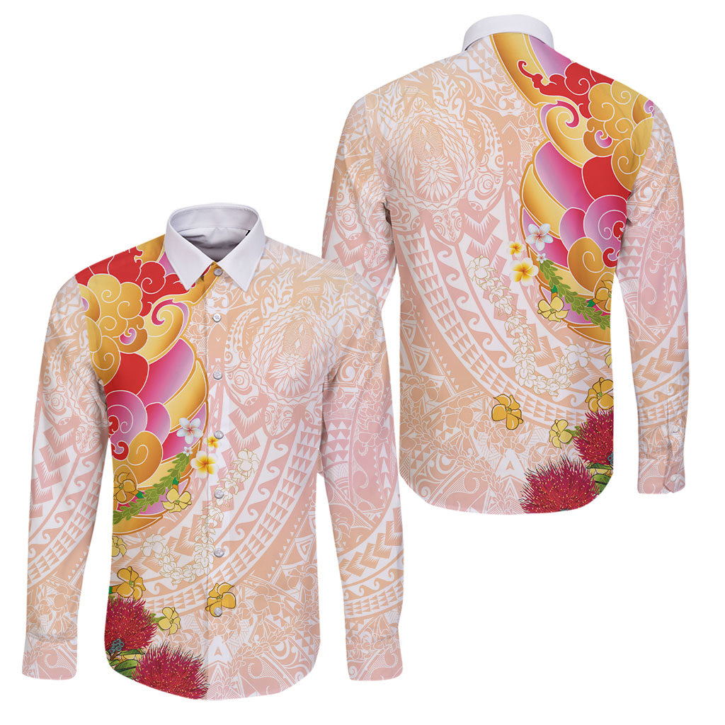 Japanese and Hawaiian Culture Fusion Family Matching Puletasi and Hawaiian Shirt Irezumi with Turtles and Lei Kakau Pattern Sunset Vibe LT03 Dad's Shirt - Long Sleeve Multicolor - Polynesian Pride
