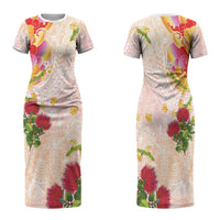 Japanese and Hawaiian Culture Fusion Family Matching Short Sleeve Bodycon Dress and Hawaiian Shirt Irezumi with Turtles and Lei Kakau Pattern Sunset Vibe LT03 Mom's Dress Multicolor - Polynesian Pride