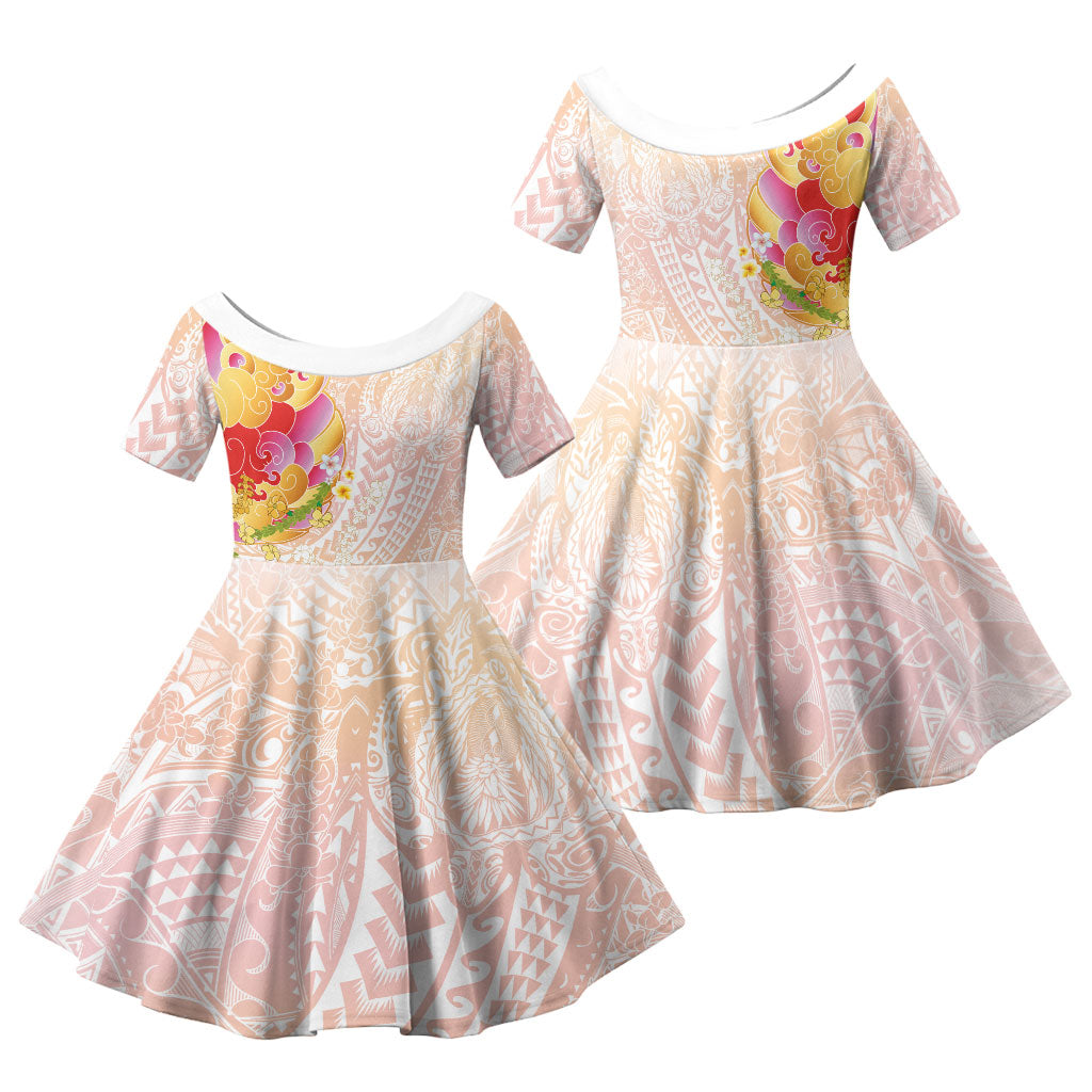 Japanese and Hawaiian Culture Fusion Family Matching Summer Maxi Dress and Hawaiian Shirt Irezumi with Turtles and Lei Kakau Pattern Sunset Vibe LT03 Daughter's Dress Multicolor - Polynesian Pride