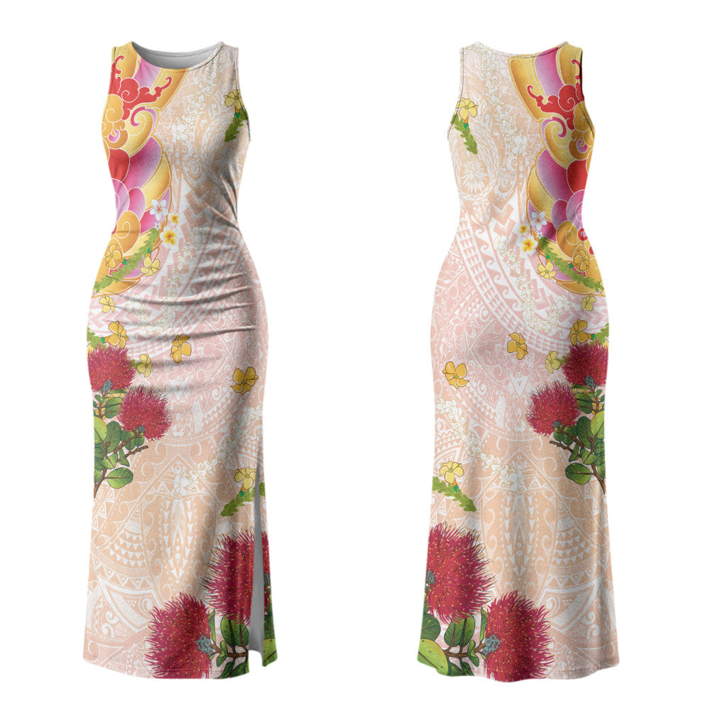 Japanese and Hawaiian Culture Fusion Family Matching Tank Maxi Dress and Hawaiian Shirt Irezumi with Turtles and Lei Kakau Pattern Sunset Vibe LT03 Mom's Dress Multicolor - Polynesian Pride