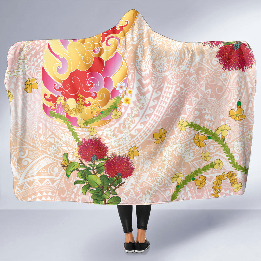 Japanese and Hawaiian Culture Fusion Hooded Blanket Irezumi with Turtles and Lei Kakau Pattern Sunset Vibe
