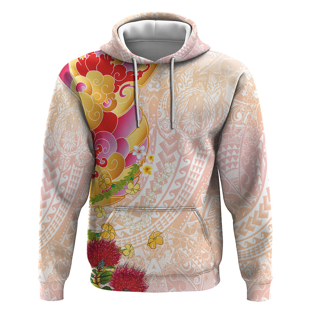 Japanese and Hawaiian Culture Fusion Hoodie Irezumi with Turtles and Lei Kakau Pattern Sunset Vibe