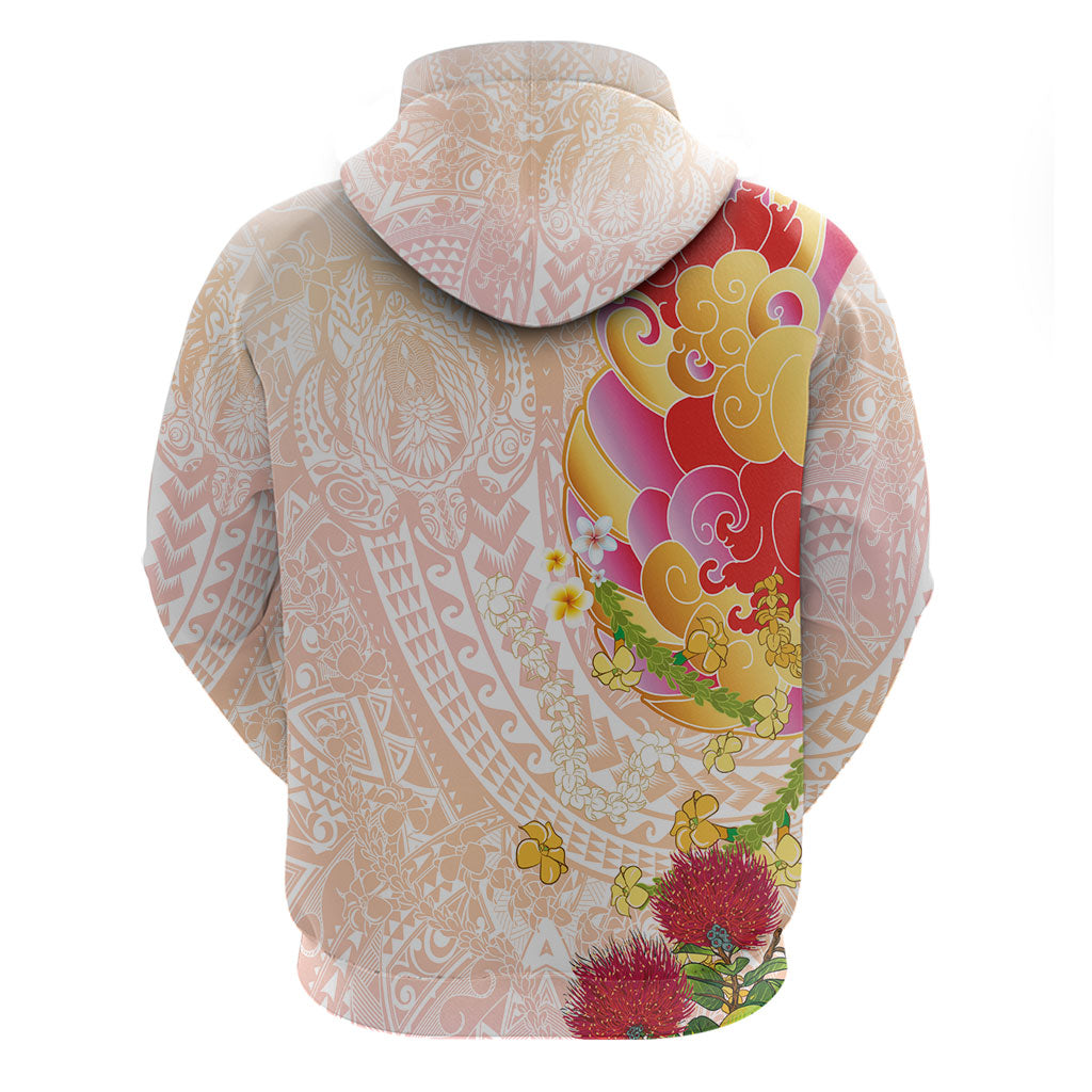 Japanese and Hawaiian Culture Fusion Hoodie Irezumi with Turtles and Lei Kakau Pattern Sunset Vibe LT03 - Polynesian Pride