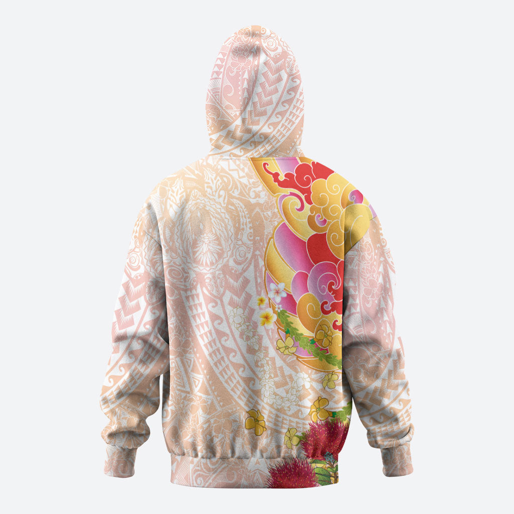 Japanese and Hawaiian Culture Fusion Hoodie Irezumi with Turtles and Lei Kakau Pattern Sunset Vibe LT03 - Polynesian Pride
