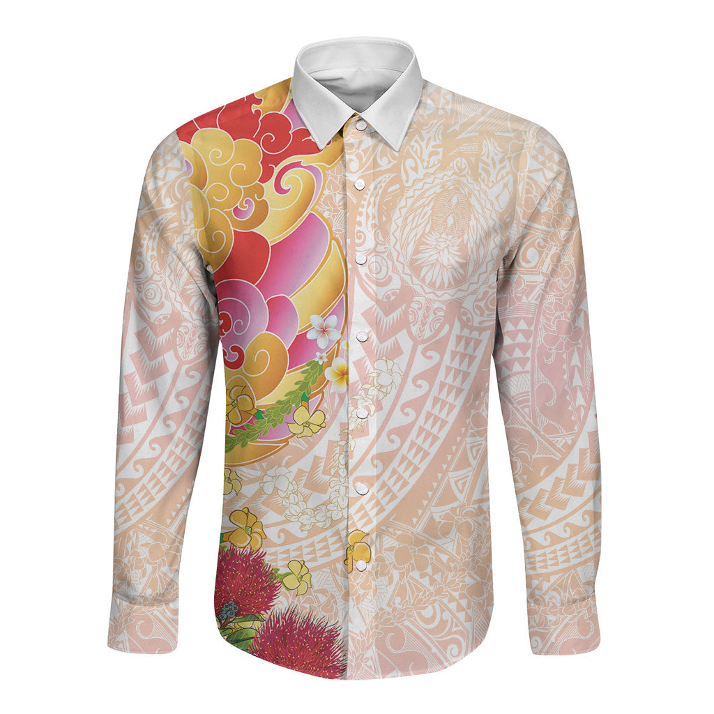 Japanese and Hawaiian Culture Fusion Long Sleeve Button Shirt Irezumi with Turtles and Lei Kakau Pattern Sunset Vibe