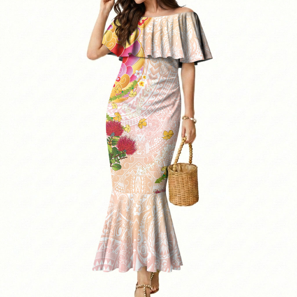 Japanese and Hawaiian Culture Fusion Mermaid Dress Irezumi with Turtles and Lei Kakau Pattern Sunset Vibe