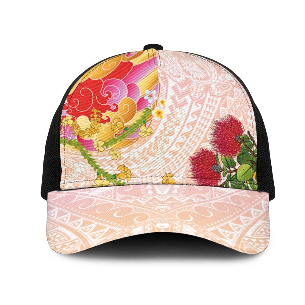 Japanese and Hawaiian Culture Fusion Mesh Trucker Cap Irezumi with Turtles and Lei Kakau Pattern Sunset Vibe LT03 One Size Black Multicolor - Polynesian Pride